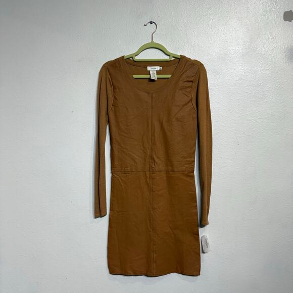 Neiman Marcus Camel Long Sleeve Leather Mini Dress Sz XS NWT - Picture 1 of 10